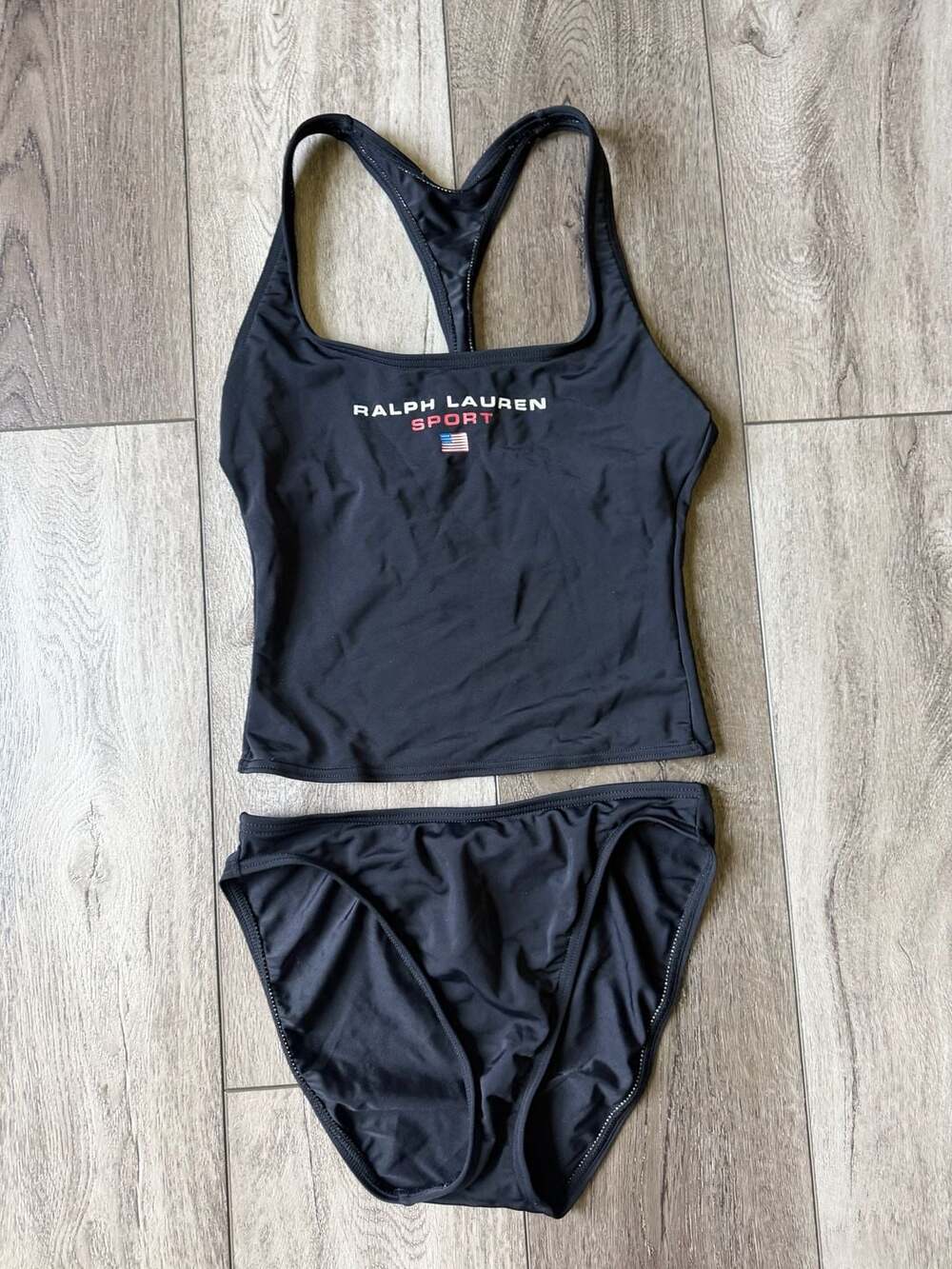Vintage Ralph Lauren Sport Black Tankini Swimsuit Set USA Flag Logo Size 8